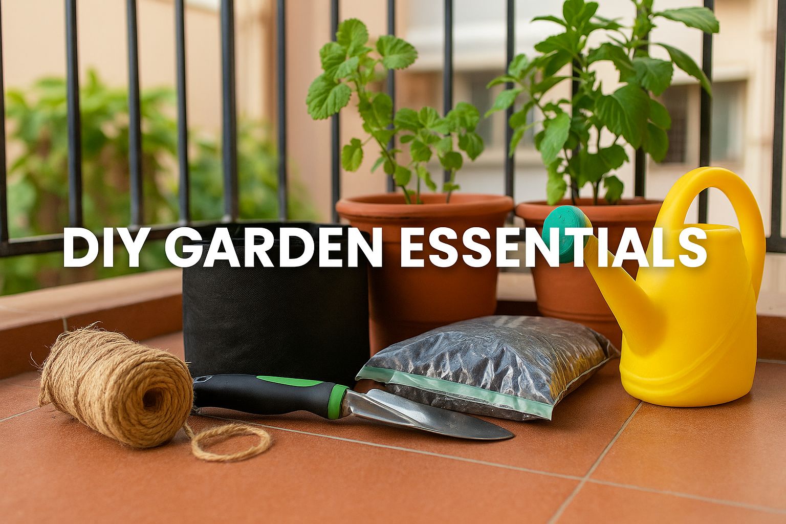 DIY garden essentials – Urban Plant setup with grow bag, soil mix, watering can, trowel, jute twine, and potted plants arranged on a small balcony floor in India.